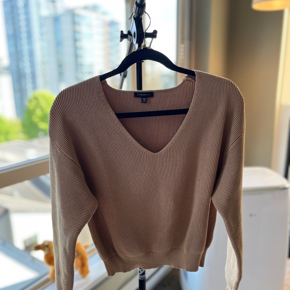 Dynamite | Luca ribbed sweater - Taupe V-neck XS